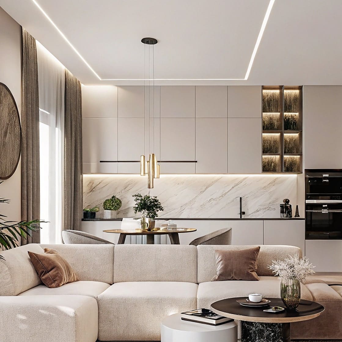 Фото тканинної стелі зі світловими лініями