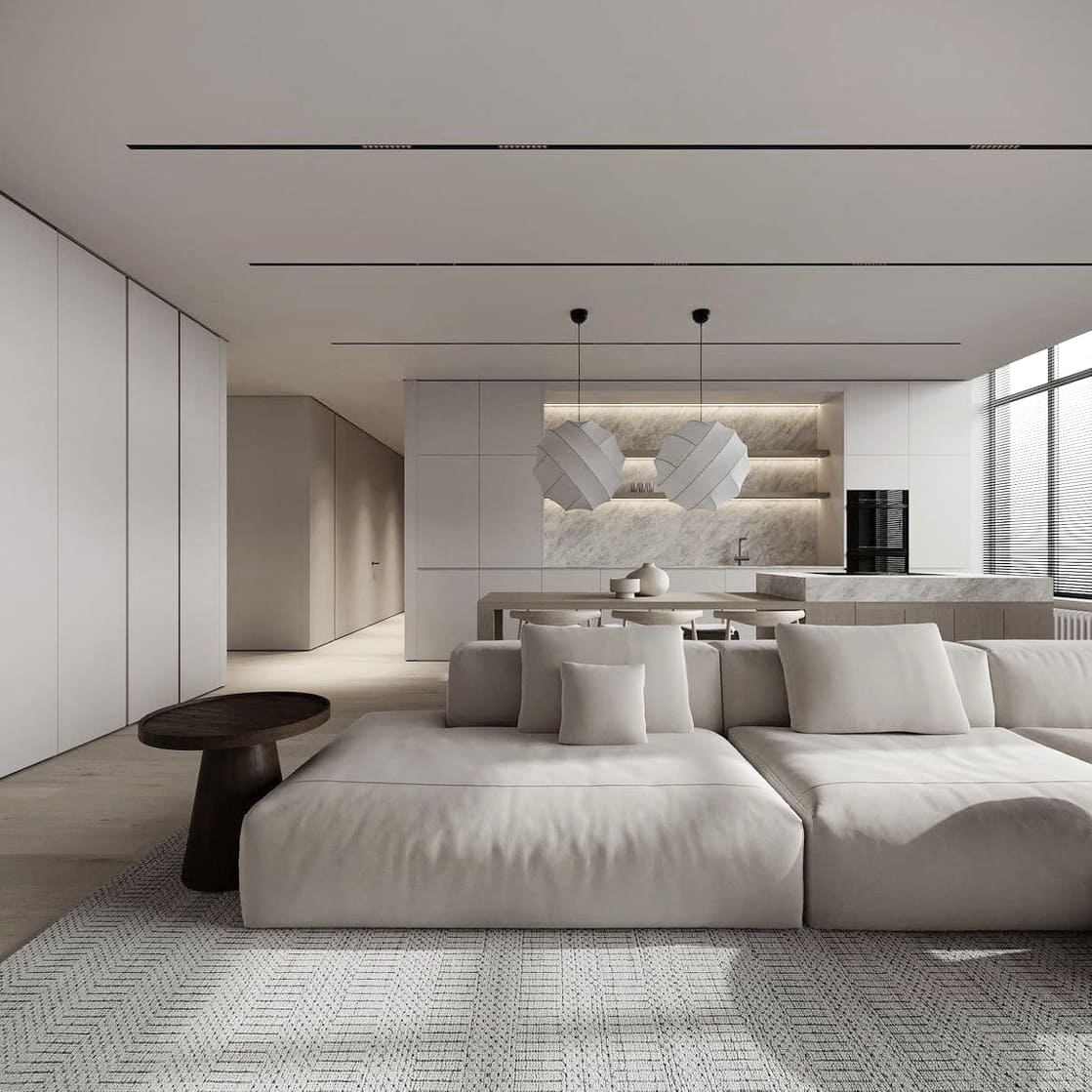 Фото тканинної натяжної стелі у вітальні