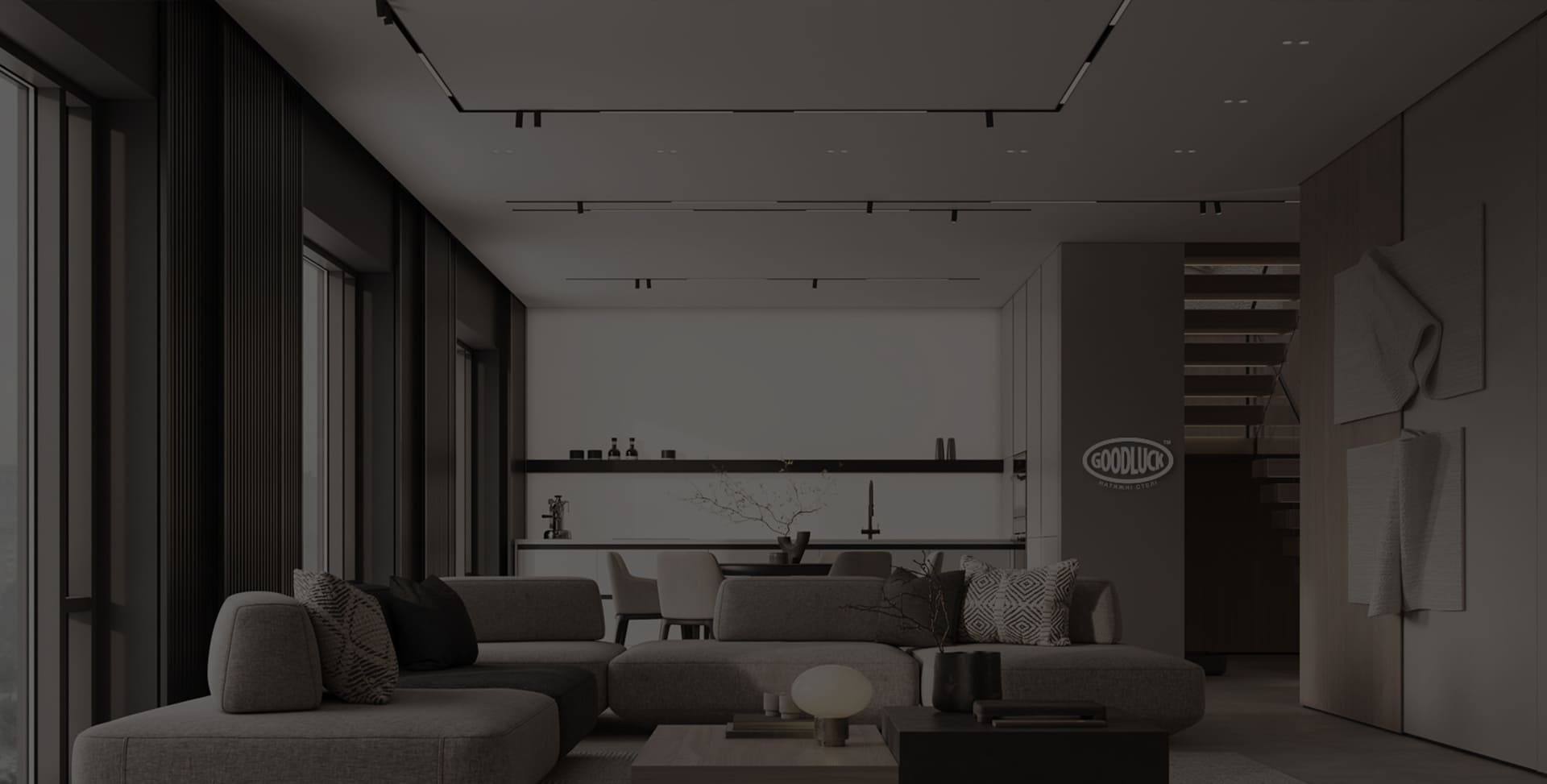 Фото тканинної натяжної стелі з треками